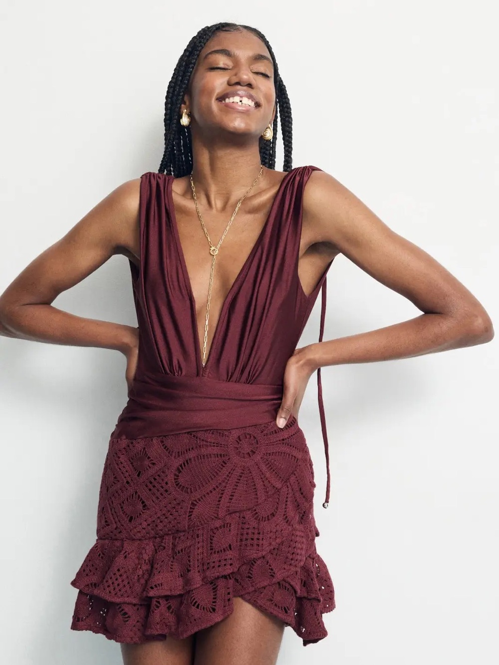 PatBO x Camila Coelho Crochet Mini Dress Dark Red Plunge Ruffle NWT Size L